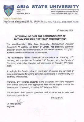 ABSU notice on extension of date for commencement of 2nd semester exam, 2022/2023