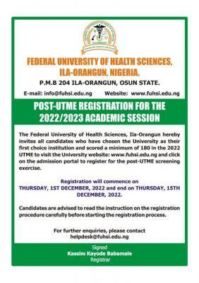 Federal University of Health Sciences Ila-Orangun Post-UTME registration, 2022/2023