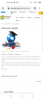 PTI notice to newly admitted students on acceptance payment Deadline, 2020/2021