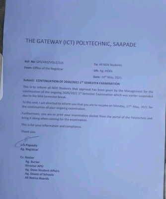 Gateway ICT Poly notice on continuation of 1st semester exam, 2020/2021
