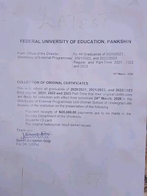 Federal University of Education, Pankshin notice to graduates on collection of certificates