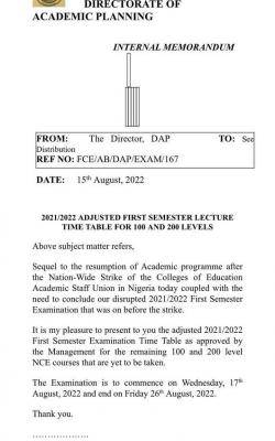 FCE Abeokuta notice on adjusted first semester examination timetable