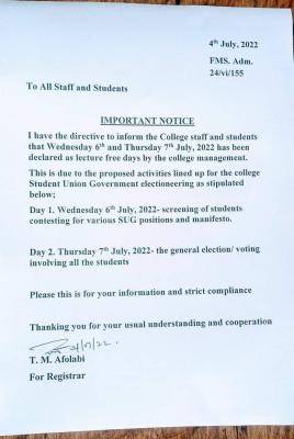 Federal College of Forestry, Afaka notice on lecture free days