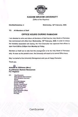 Kashim Ibrahim University reschedules operation time for 2026 Ramadan