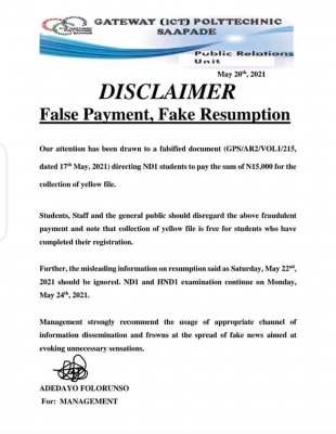 Gateway (ICT) Polytechnic Saapade disclaimer notice on false payment and resumption