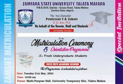 Zamfara State University announces matriculation & orientation ceremony, 2023/2024
