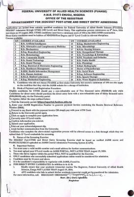 FUAHSE Post-UTME/DE 2026: Cut off mark, Eligibility and Registration Procedures