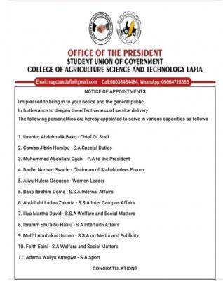 College of Agriculture, Lafia SUG notice on appointment of new officials