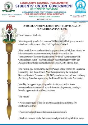 Akwa Poly SUG announces the approval of Summer Exam for final year students