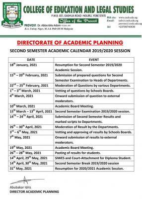 College of Education and Legal Studies, Nguru 2nd semester academic calendar, 2019/2020