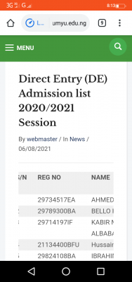UMYU direct entry admission list for 2020/2021 Session
