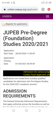UNIBEN extends JUPEB Pre-Degree registration deadline for 2020/2021 session