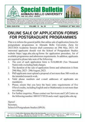 ABU Postgraduate Admission form for 2023/2024 session