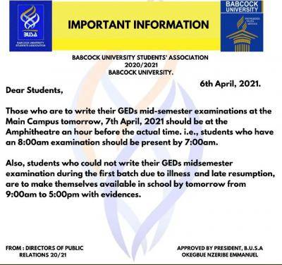 Babcock University Students' Association notice to students on GEDs mid semester exam