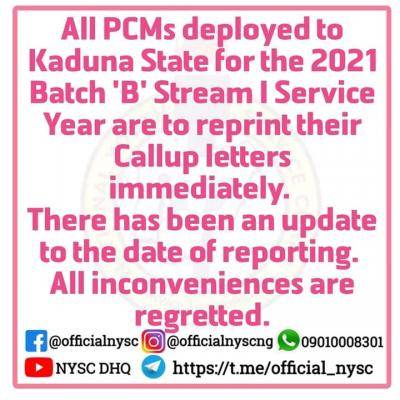 NYSC notice to all batch 'B' Stream I corps members posted to Kaduna