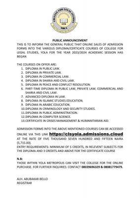 College for Legal Studies, Yola Admission, 2023/2024