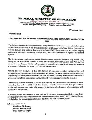 FG introduces new measures to curb malpractice in WAEC and NECO exams