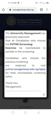 OOU schedules another Post-UTME screening for candidates that missed the 1st one