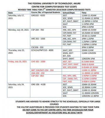 FUTA adjusted second semester 2019/2020 CBT schedule