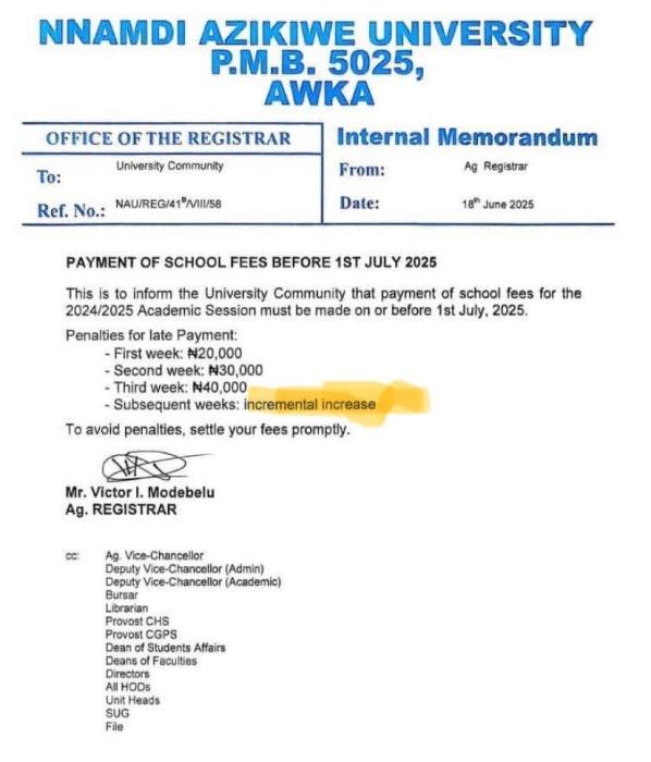 UNIZIK issues notice to students on deadline for payment of school fees