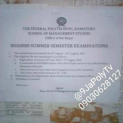 Federal Poly, Damaturu 2019/2020 summer semester exam