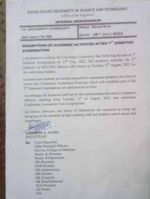 ESUT notice on resumption of academic activities for 2nd semester, 2021/2022