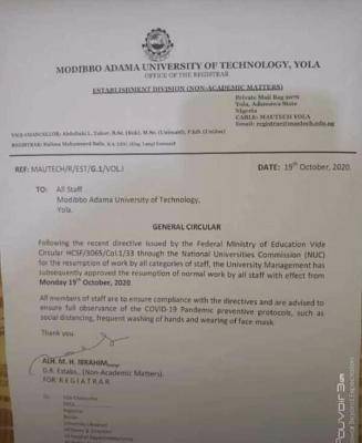 MAUTECH issues a resumption notice to staff
