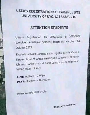 UNIUYO notice on commencement of library registration for 2022/2023 & 2023/2024 combined session