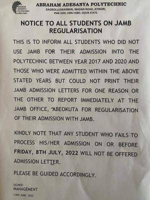 AAPOLY notice to all students on JAMB regularisation