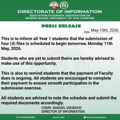 UNIUYO Education Students’ Association notice to 100 level students