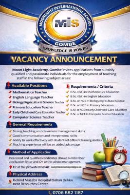 Moon Light Academy, Gombe announces vacancies for teaching positions