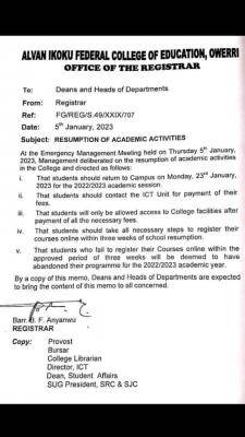 Alvan Ikoku COE notice on resumption of academic activities