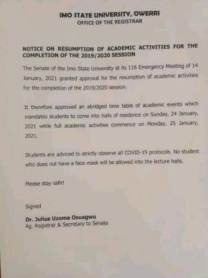 IMSU notice on resumption for completion of 2019/2020 session