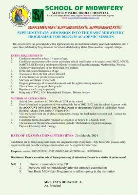 Mater Misericordiae Hospital, Afikpo supplementary admission into basic Midwifery, 2024/2025