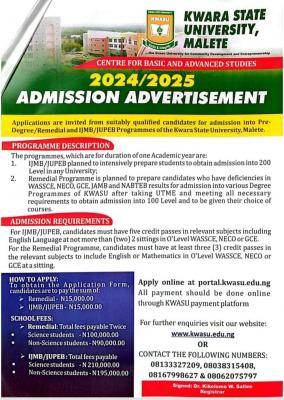 KWASU center for basic and advanced studies, 2024/2025 admission form ...