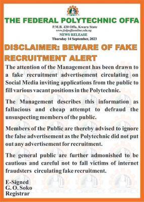 Fed Poly Offa disclaimer notice on recruitment alert