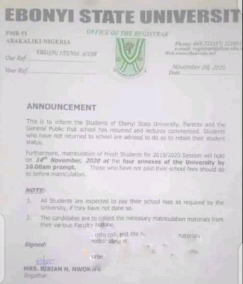 EBSU notice to students on commencement of lectures and matriculation
