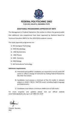 Federal Polytechnic Oko announces admission into 7 new programmes