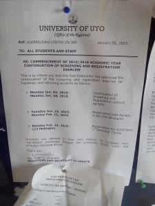 UNIUYO Notice To Students On 2015/2016 Registration