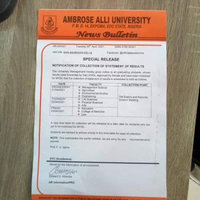 AAU notice to graduating students already mobilized for NYSC on collection of statement of results
