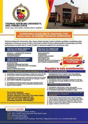 Thomas Adewumi University admission form for 2020/2021 session