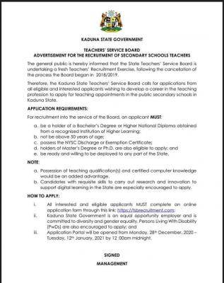 Kaduna State notice on recruitment of secondary school teachers