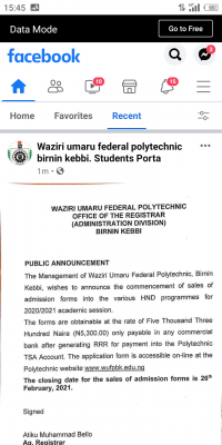 Waziri Umaru Federal Polytechnic HND admission form for 2020/2021 session