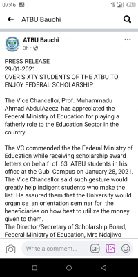 Over 60 ATBU students receive FG's scholarship