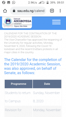 SAU academic calendar for continuation of 2019/2020 session