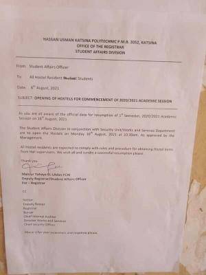 HUKPOLY notice to students on opening of hostels for 2020/2021 session