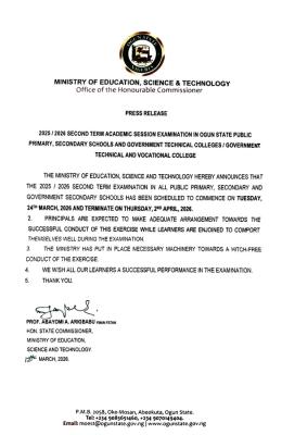 Ogun State Ministry of Education Announces 2025/2026 Second Term Examination Dates