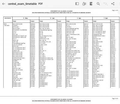 UNICAL 2nd semester central examination timetable, 2020/2021 session