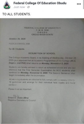 FCE Obudu resumption notice to students