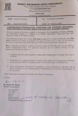 PAAU notice on commencement and registration for SIWES, 2025/2026
